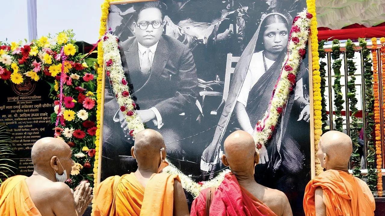 Those who show the way: Buddhist monks pay tribute to Dr BR Ambedkar on his 131st birth anniversary at Dadar’s Chaityabhumi. Pic/Pradeep Dhivar
